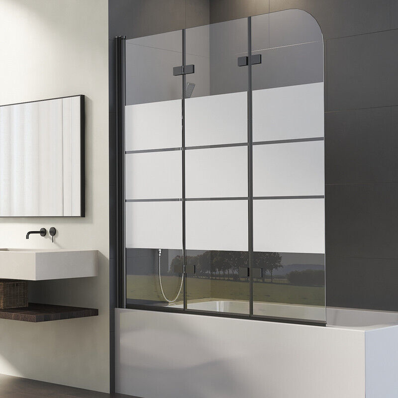 Boromal - Gestreift Duschwand für Badewanne 130x140cm 3-teilig faltbar Duschtrennwand für Badewanne Duschabtrennung Badewanne mit Milchglas,