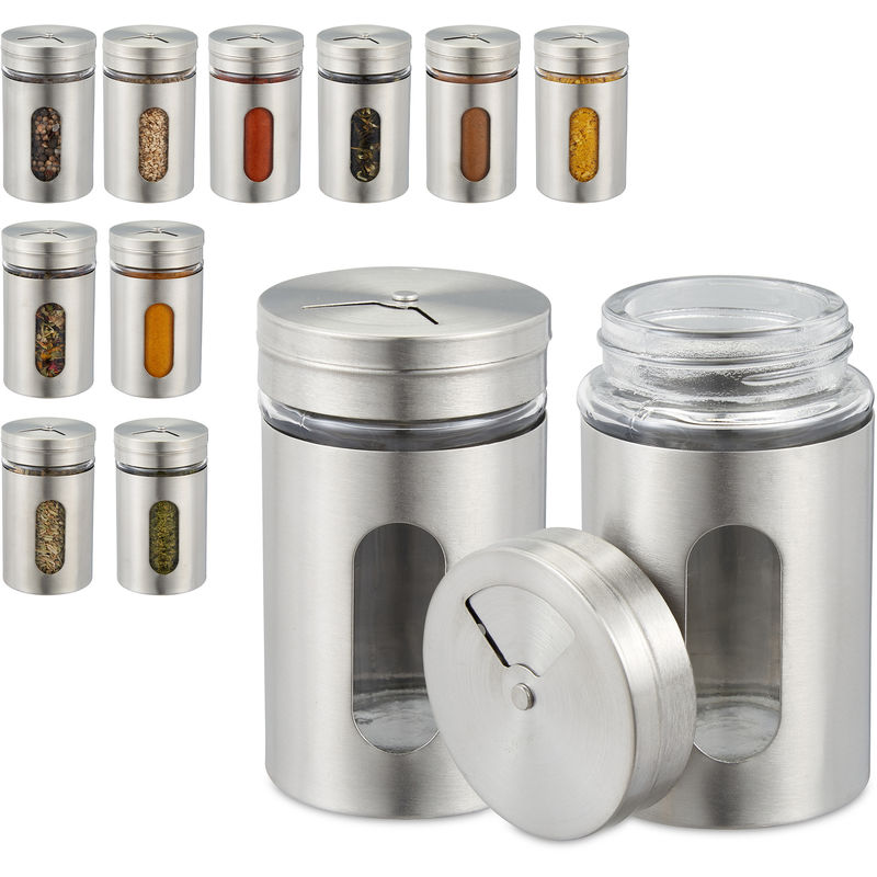 Relaxdays - Gewürzstreuer, 12er Set, 3 Streugrößen, Sichtfenster, Gewürze & Kräuter, Glas, Edelstahl, Gewürzgläser, silber