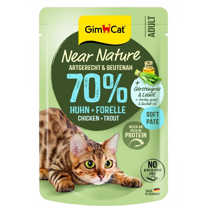 GimCat Naturnah Getreidefreies Katzenfutter – 85-g-Beutel – Huhn und Forelle 85 g