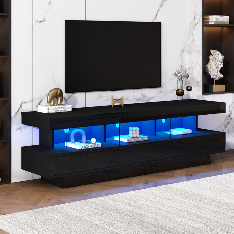 Glänzend schwarzer TV-Ständer 160L x 38B x 50,5H cm mit LED-Beleuchtung, 3 Glasböden, Bluetooth-Konnektivität, TV-Ständer für 70-Zoll-Fernseher