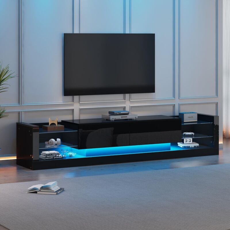 Glänzender TV-Ständer mit LED-Beleuchtung, 181 cm, Für Fernseher bis 80 Zoll, Glasplatten, 2 Klappschubladen - Schwarz