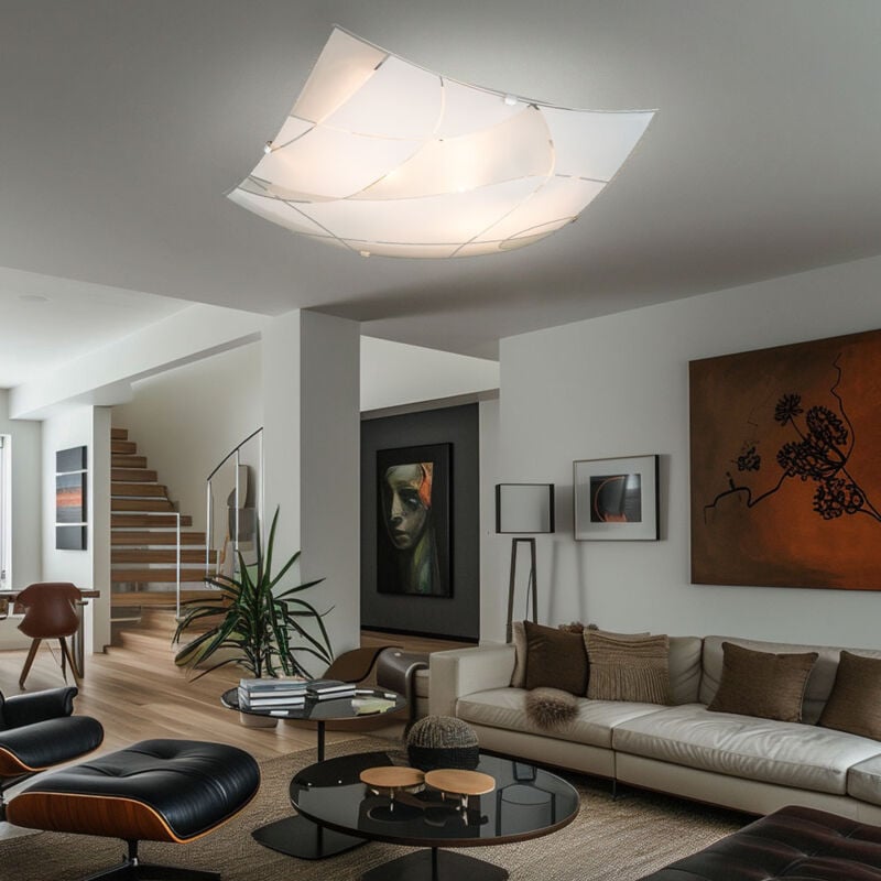 Globo Lighting - Glas Deckenleuchte Deckenlampe E27 Fassung 2 Flammig Deckenlampe Weiss eckig, Chrom satiniert, Dekorlinien, 2x E27, LxBxH 30x30x8,5