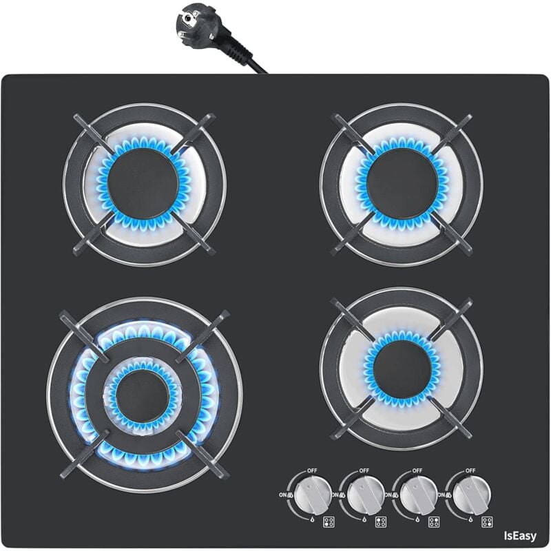 IsEasy Glas Gaskochfeld 4 Flammig mit Automatischer Thermoelementschutz, Einbau Gaskochfeld L60 x P52 cm, 4 Zonen Gaskocher 7800W, Erdgas/Propangas,