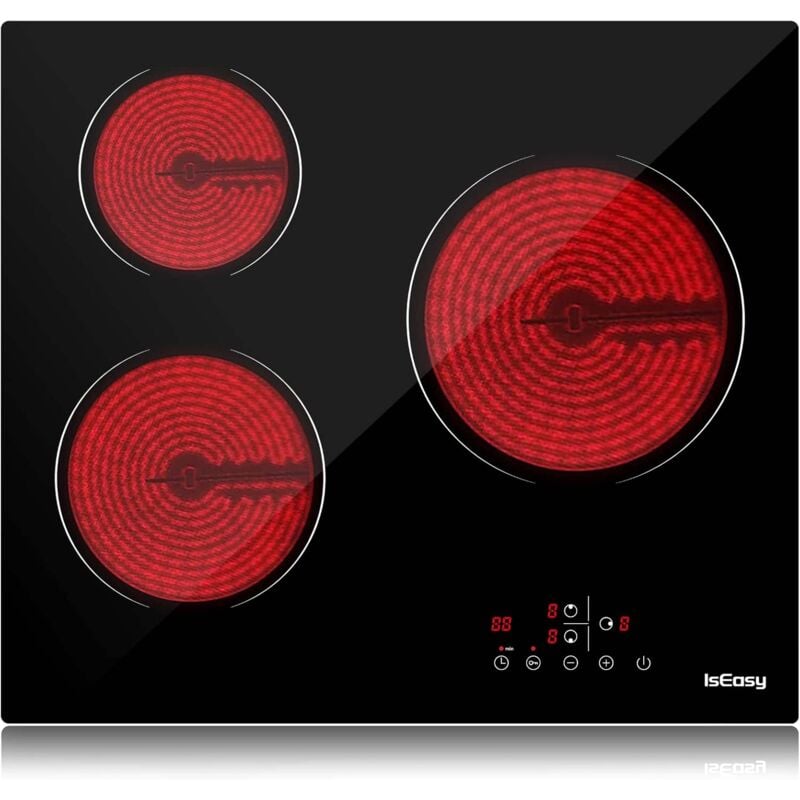 Iseasy - Glaskeramikkochfeld 5500W Schwarz, Einbau 59cm autark Kochfeld, 3 Kochzonen, 9 Heizstufen, Sensor Touch, 1-99min-Timer, Kindersicherung