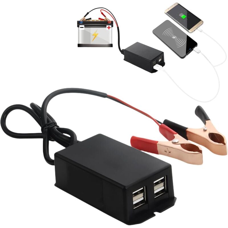 Gleichstromwandler mit Krokodilklemme – USB-Ladeadapter für Motorrad, 12 V 24 V auf 5 V 3 A – 4 USB-Anschlüsse – Schnellladegerät für Telefone und