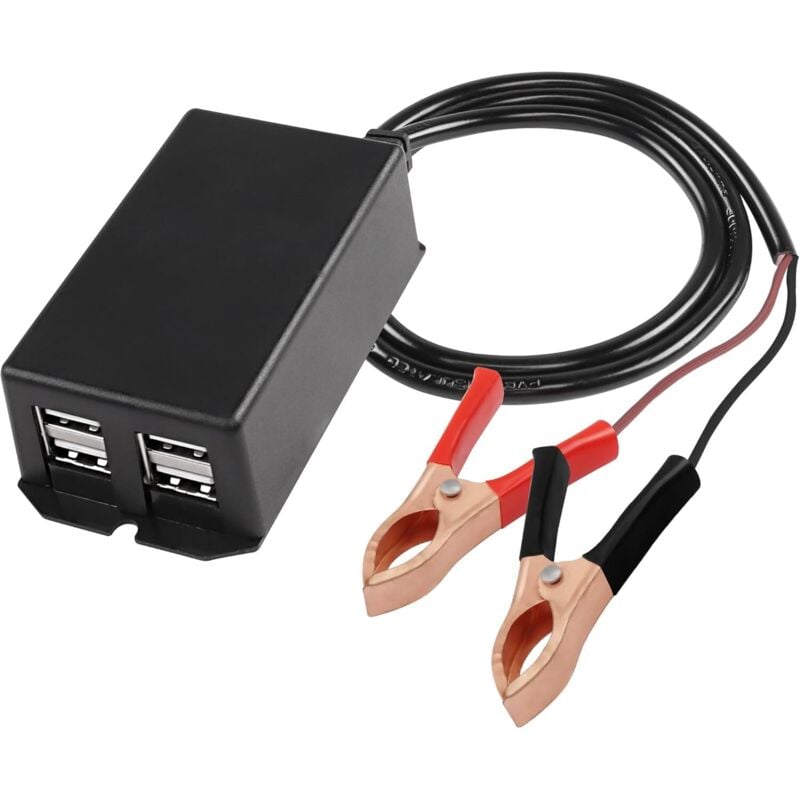 Gleichstromwandler mit Krokodilklemme – USB-Ladeadapter für Motorräder, 12 V 24 V auf 5 V 3 A – 4 USB-Anschlüsse – Schnellladegerät für Telefone und