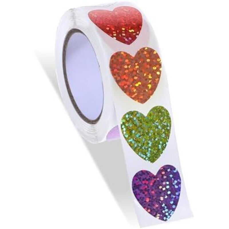 Glitzer Herz Sticker Rolle, 500 Stück Bunte Sticker Herzen 8 Farben Selbstklebend Aufkleber Herz Belohnungssticker Shining Sticker Herz Aufkleber