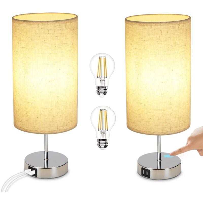 Nachttischlampe Touch Dimmbar 2er - Tischlampe E27 usb Ladefunktion Wohnzimmer Chrom mit Stoff Lampenschirm für Schlafzimmer Wohnzimmer Nachttisch