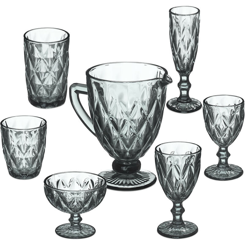 Gläser Set, 7-teilig, Krug, Eisbecher, Sektglas, je 2 Trinkgläser & Weingläser, Gläser spülmaschinenfest, grau - Relaxdays