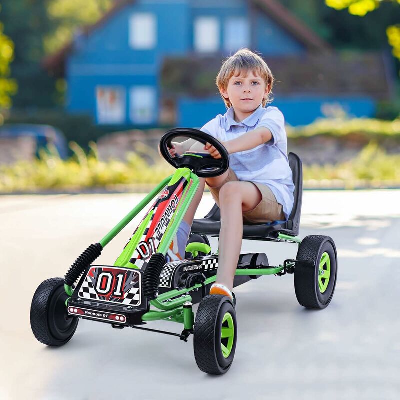 Gokart mit Verstellbarem Sitz, Kinderfahrzeug, Tretauto aus Gummireifen, Flexible Kupplung und Bremse, Vorwaerts und Rückwaerts, für 3-8-Jaehrige,