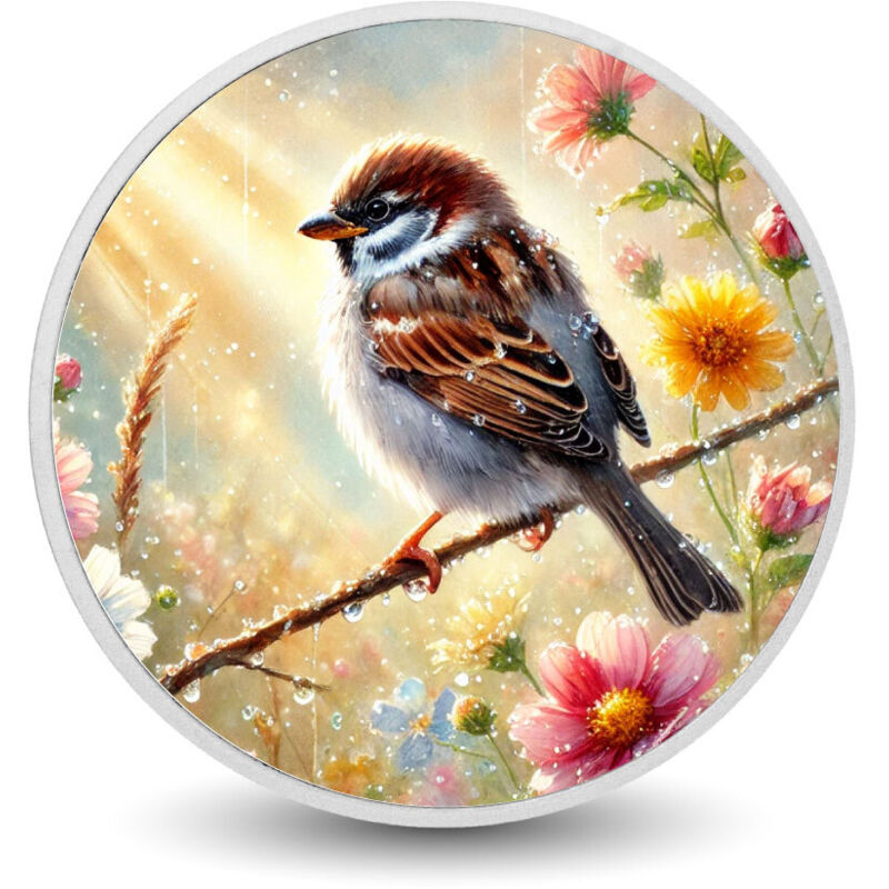 Golden Dawn: Spatz auf einer taufrischen Wiese, 1 oz Silbermünze