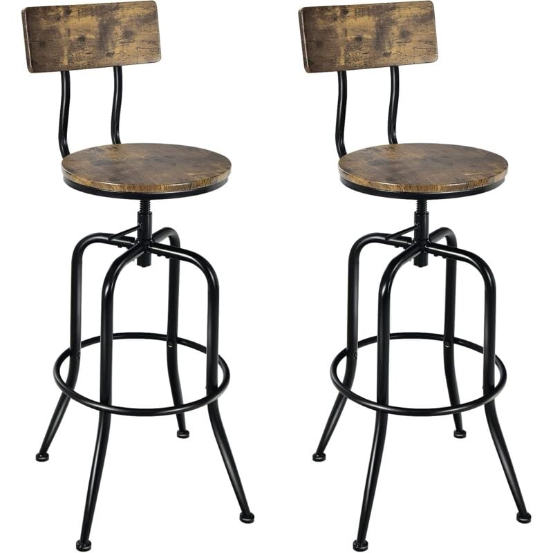 2-er Barhocker-Set, industrielle hohe Barhocker, Küchenhocker in Thekenhoehe mit verstellbarem Sitz, bogenfoermige Rückenlehne & Fussstütze, für
