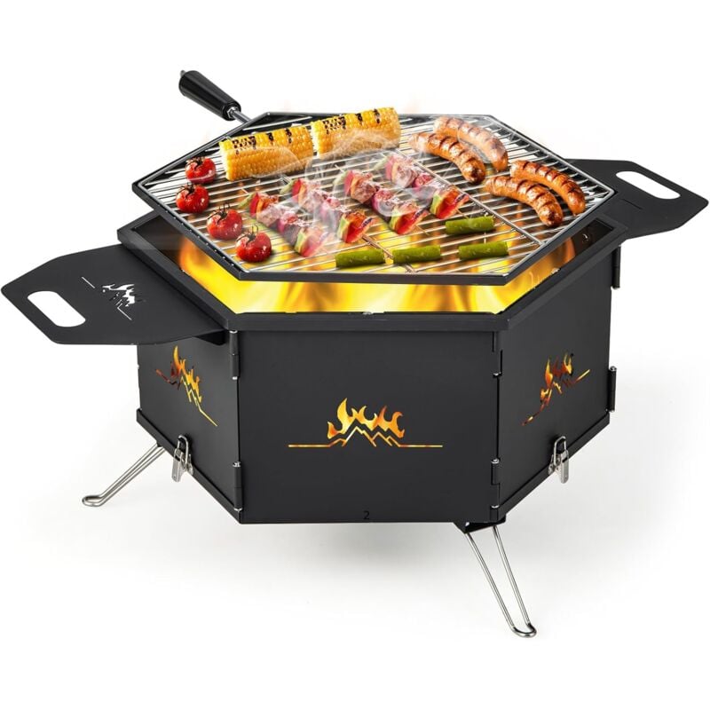2 in 1 Campinggrill, Holzkohlegrill tragbar mit 2 Griffen & 360° drehbarem Grill, als Feuerstelle für 3-6 Personen, Klappgrill Faltgrill für Reisen,
