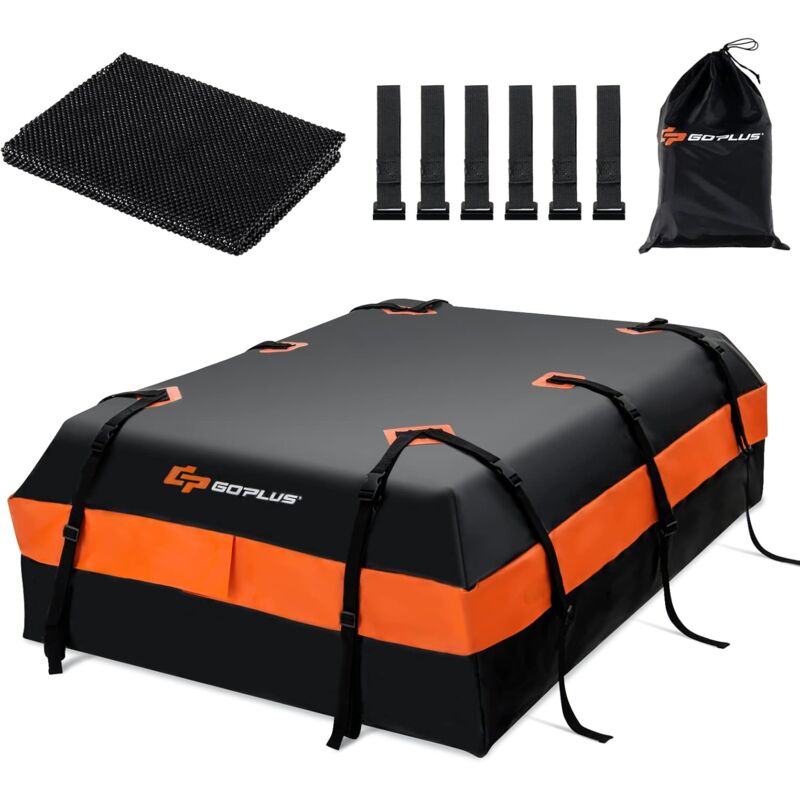 GOPLUS 21 Kubikfuß Auto Dachbox, Faltbare Wasserdichte Dachtasche mit 10 verstärkten Gurten, 6 Türhaken, Antirutschmatte und Aufbewahrungstasche,