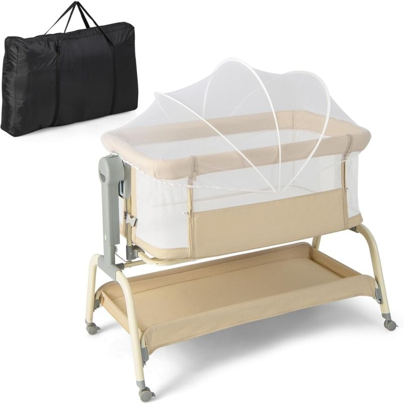 Goplus - 3 in 1 Baby Beistellbett, Höhenverstellbares Babybett mit Matratze & Moskitonetz & Korb, Neigbares Kinderbett mit Faltbarer Seitenwand,