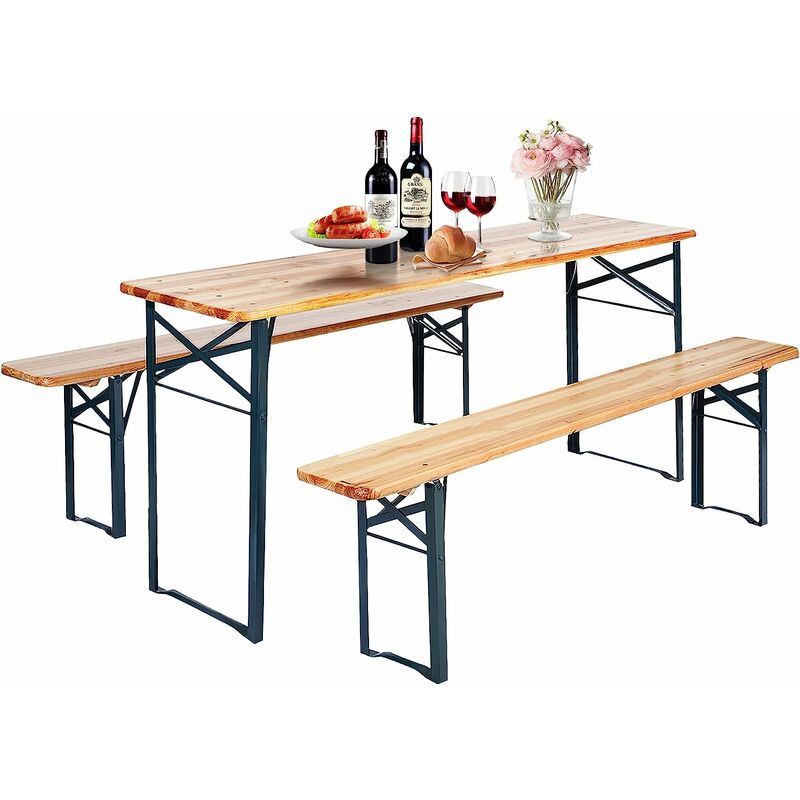 3 tlg. Sitzgruppe, Campingtisch mit 2 Sitzbänken, Klappbare Bierzeltgarnitur mit Metallrahmen & Tannenholztischplatte, für Garten, Terrasse, Camping,