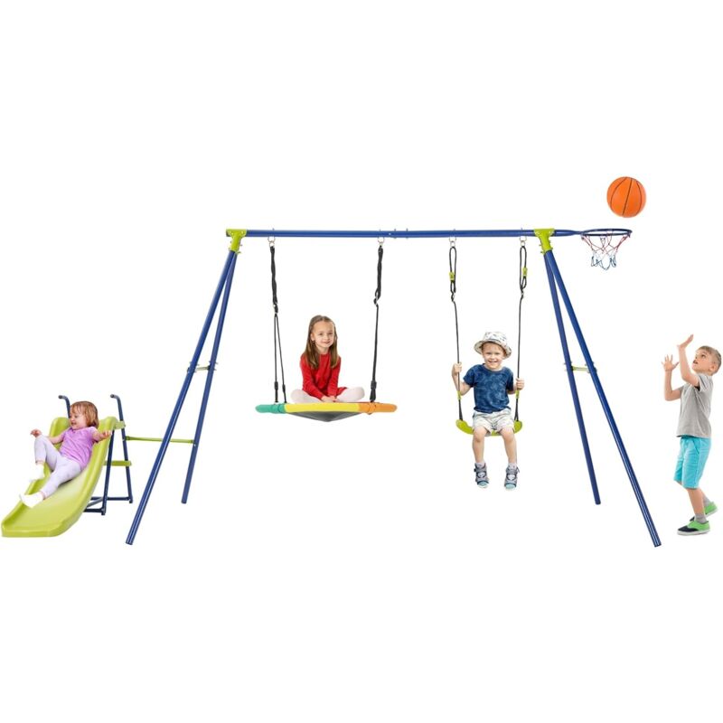Goplus - 4-in-1 Kinderschaukel Set, Metall-Schaukel-Set mit Rutsche Basketballkorb, Verstellbarer Nestschaukel & Gurt-Schaukel,