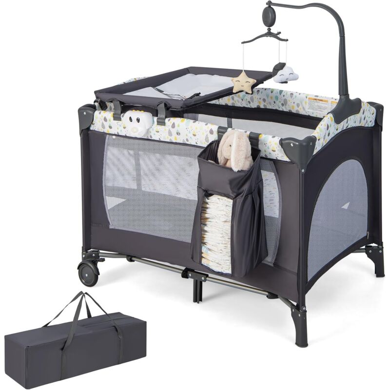 4 in 1 Reisebett, Babybett mit Wickelauflage & Aufbewahrungstasche, Reisebett mit hängendem Spielzeug & Spieluhr, Laufstall mit Seitenwänden