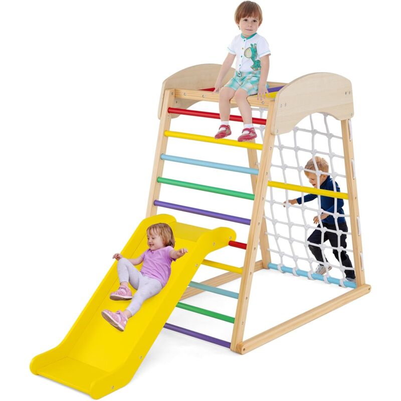 GOPLUS 6 in 1 Kinder Klettergerüst, Kletterspielset mit Kletterleiter & Rutsche & Kletternetz & Kletterstangen, Vielseitiger Spielturm, Indoor &