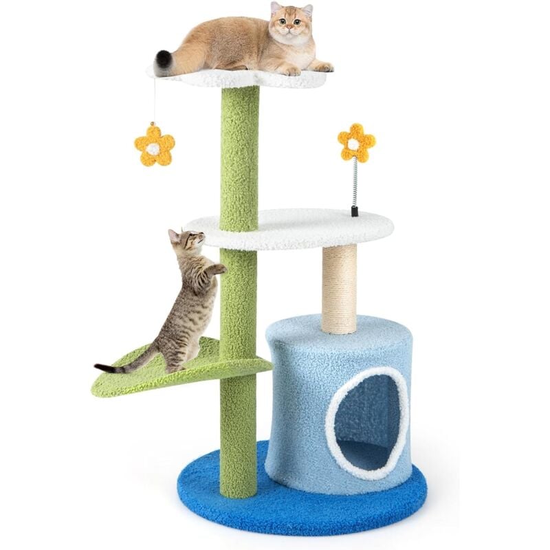 Goplus - 87cm Kratzbaum, Niedlicher Kratzbaumturm mit weicher Plüschoberfläche & Sisal-Kratzsäule & 2 Spielzeuge, 4 Ebenen Katzenbaum, Kleine