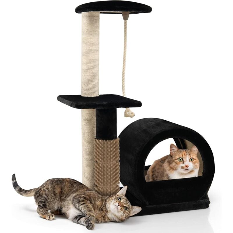 Goplus - 93cm Kratzbaum, Kratzbaumturm mit Sisal-Kratzsäule & Pflegebürste & Katzenhaus, 3 Ebenen Katzenbaum, kleine Katzenmöbel, Aktivitätsbaum für