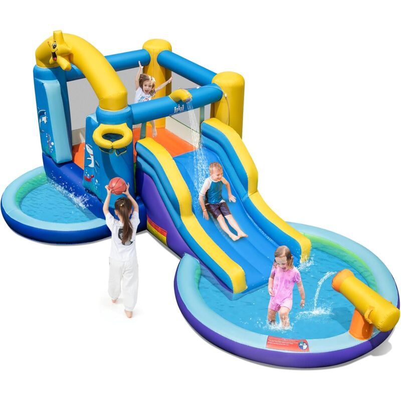 Aufblasbare Hüpfburg mit Gebläse, Wasserpark mit Rutsche & Wasserpistole & Planschbecken, Wasserpark mit Basketballkorb & Spielbälle, Spielburg für