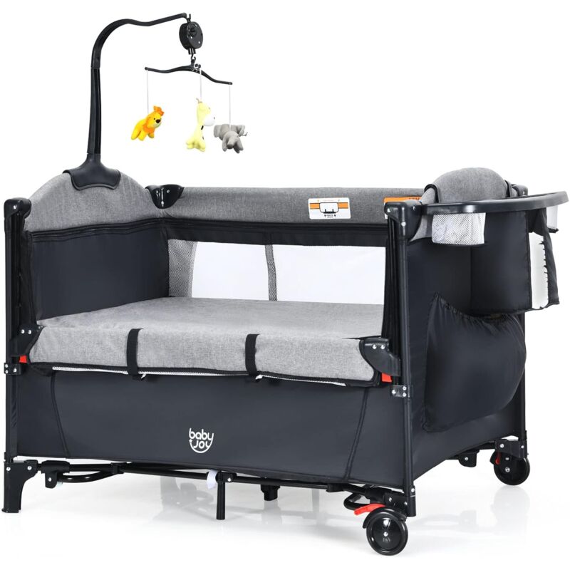 Goplus - Baby Reisebett, Kinderreisebett mit Matratze und Windelhalter auf Rollen, Babybett mit Seiteneingang Tragetasche, Spielzeugständer und