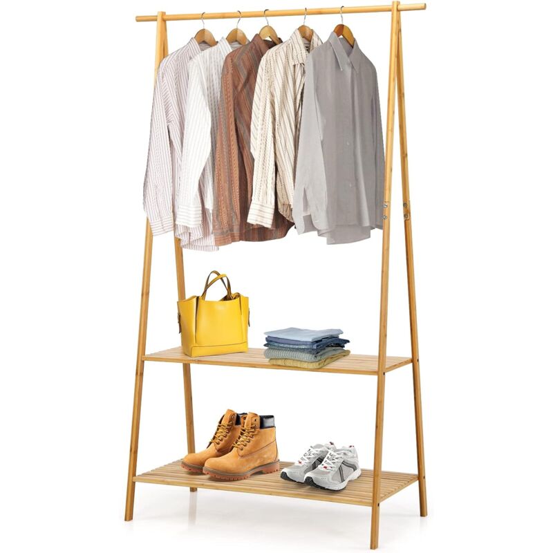 GOPLUS Bambus Kleiderständer, Garderobenständer mit Kleiderstange, Ablagen, freistehender Kleiderständer für Schlafzimmer, Flur, Natur, 101 x 45 x