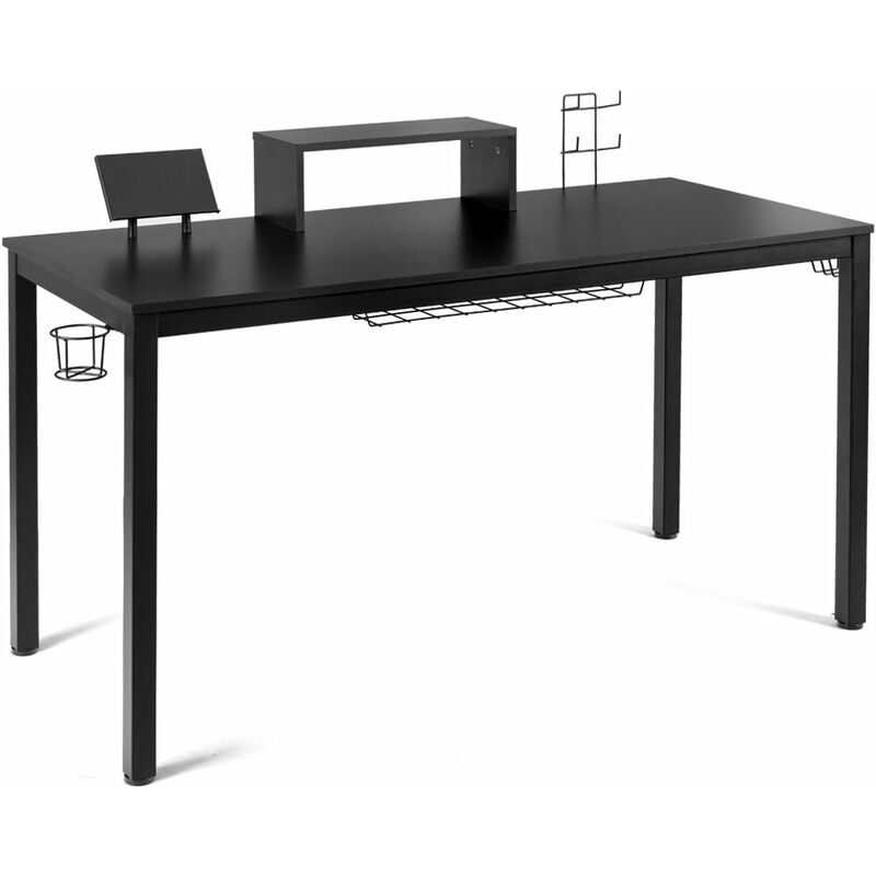 14060cm Computertisch Ergonomisch mit Monitorregal, Schreibtisch mit Getränkehalter Kopfhörerhaken Spiel Griffständer Drahtkorb, Gamingtisch für