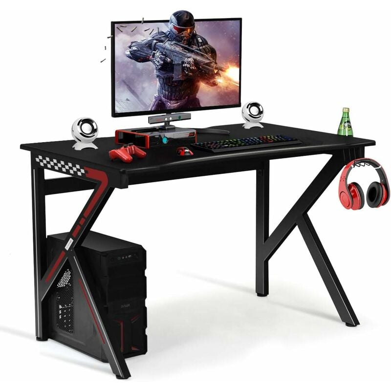Gaming-Schreibtisch, Computer-Schreibtisch mit Getraenkehalter & Kopfhoererhaken, Ergonomischer Gaming-Schreibtisch, K-foermige Konstruktion,
