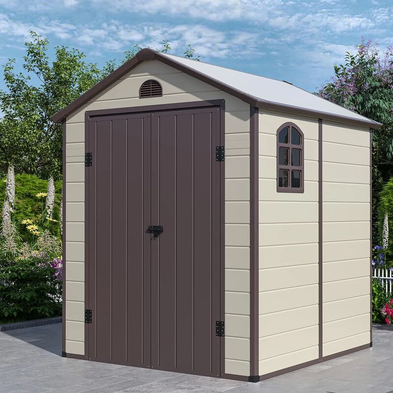 GOPLUS Gerätehaus mit Fenster, Geräteschuppen mit Schrägdach, 193 x 191 x 227 cm, PVC, Metallrahmen, Tür mit Schloss, Gartenschuppen Gartenhaus für