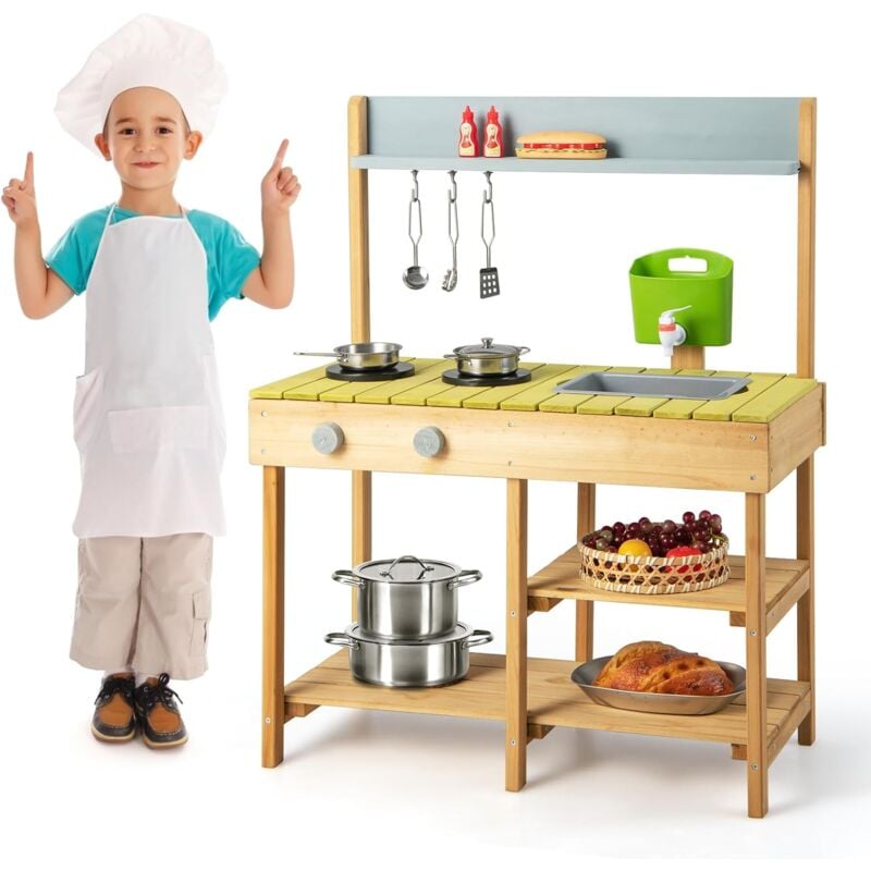 Holz Spielküche, Kinderküche mit Wassertank, Wasserfluss & Spülbecken, Kinderspielküche mit Kochfeld, Drehknopf, 4 Ablagen & 3 Haken, Rollenspiel für