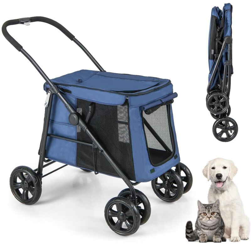 Hundewagen klappbar, Hundebuggy für Hunde & Katzen bis 40 kg, Haustierwagen mit weichem Kissen, Netzfenster & 2 Eingängen, Hundetrage mit