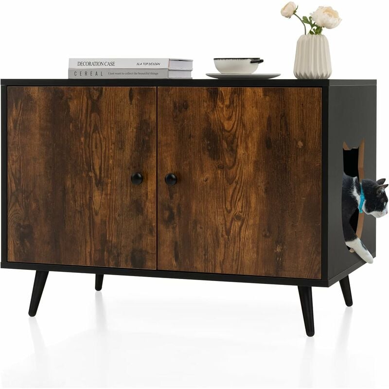 Katzenhaus, Katzenklo Schrank mit Doppeltüren, Trennwand und Katzenlöchern, Katzentoilette Holz, Katzenschrank Katzen-Möbel Haustierbox für Katzen