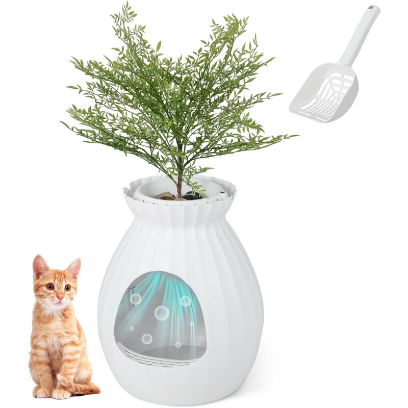 Katzentoilette mit intelligenter Geruchskontrolle, Katzenklo mit Kunstpflanze, Kieselsteinen, Türvorhang, Schaufel, leicht zu reinigen, Pflanzenklo