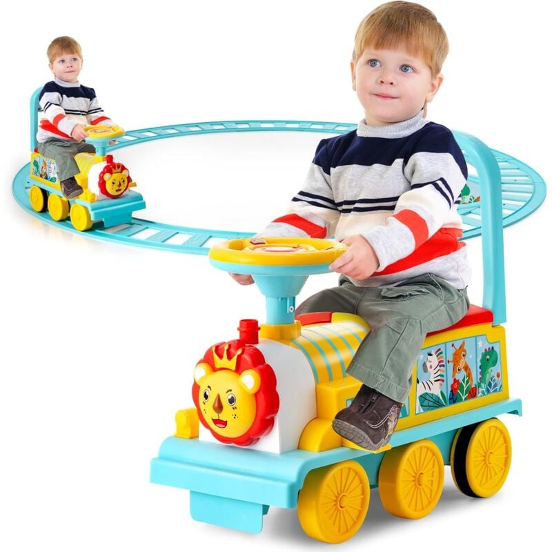 Goplus - Kinder Elektro Zug, Kinderfahrzeug mit 16 stk. Schiene Set, 6V Kinder Aufsitz mit Licht & Musik & Stauraum, Elektro Kinderauto für Kinder ab