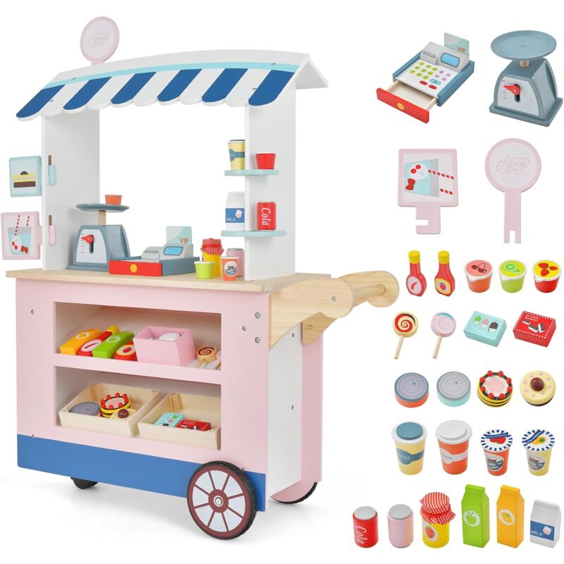 GOPLUS Kinder Kaufladen, Eiswagen mit Baldachin, Werbeschild, Kassenautomat & Lebensmittelspielzeug, Kaufmannsladen mit 3 Rädern & 30 TLG. Zubehör
