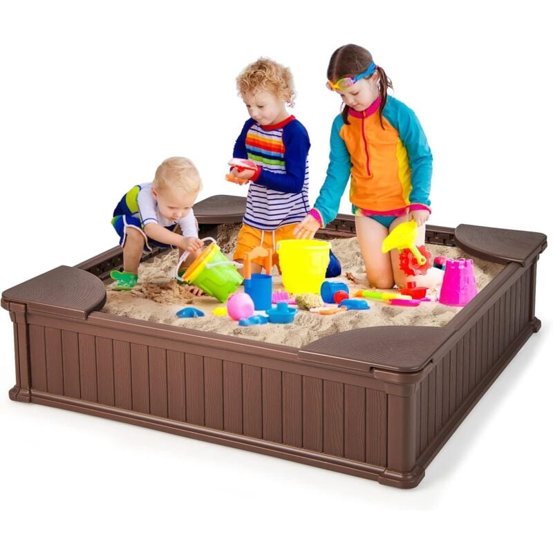 Goplus - Kinder Sandkasten 123,5 x 123,5 cm, Sandbox mit wetterfester Abdeckung & Polstertuch mit Löchern, Sandkiste mit 4 Sitzbänke, für Kinder ab 3
