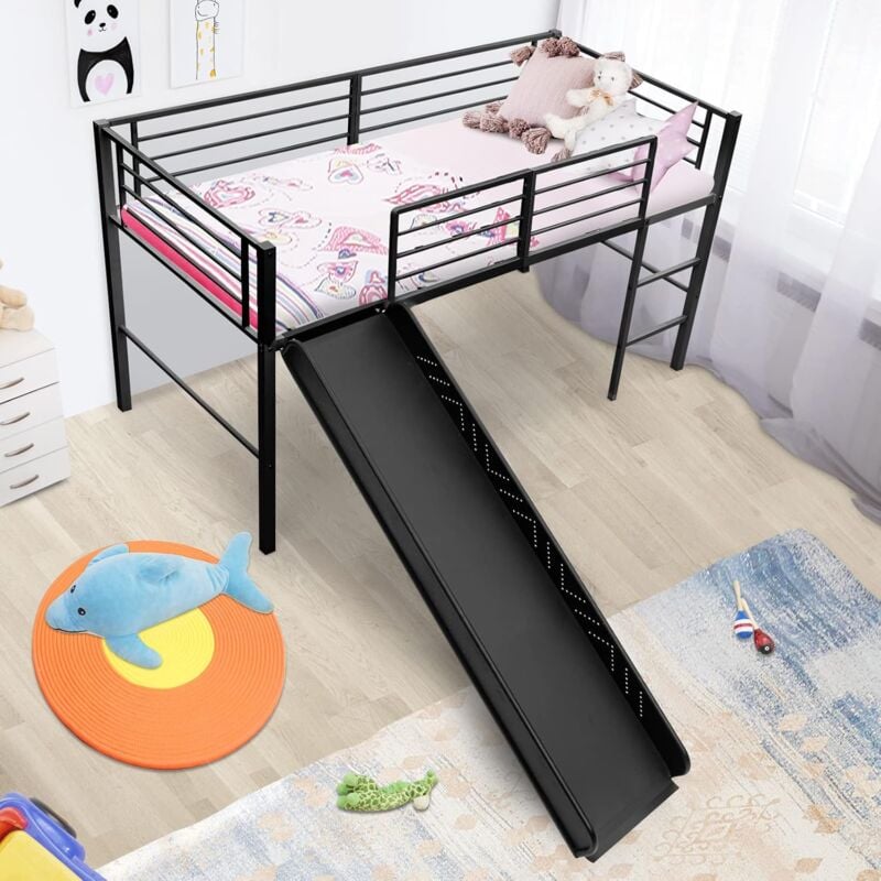 Kinderbett, 198 x 96 cm Eisenbett mit Rutsche, Sicherheitsschienen, Treppe, Eisenrahmen, Angemessener Abstand, Stabil, Langlebig, Hochbett Kinder