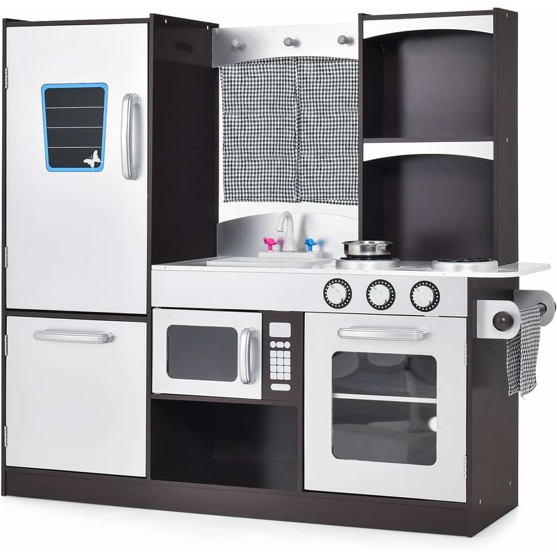 Kinderküche aus Holz, Spielküche mit Tafel, Kühlschrank, Herd, Ofen, Mikrowelle, Spülbecken & Wasserhahn, Spielzeugküche mit Haken & viel Stauraum