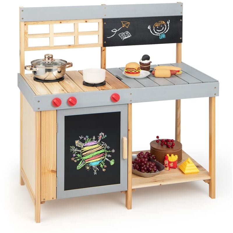 Kinderküche aus Massivholz, Stabile Matschküche mit Wasserbecken & Kreidetafel, Küche Spielset mit Kochfeld & Große Arbeitsplatte, für Garten,