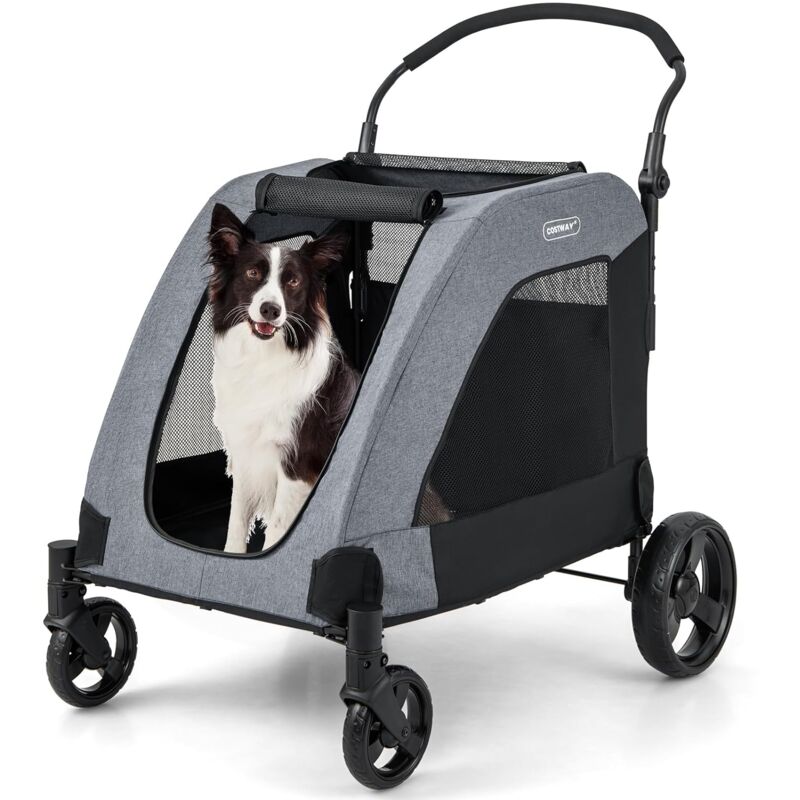 GOPLUS Klappbar Hundewagen, Haustierwagen auf 4 Rädern mit Aufbewahrungstasche, Netzfenstern & verstellbarem Griff, Hundebuggy für mittelgroße und