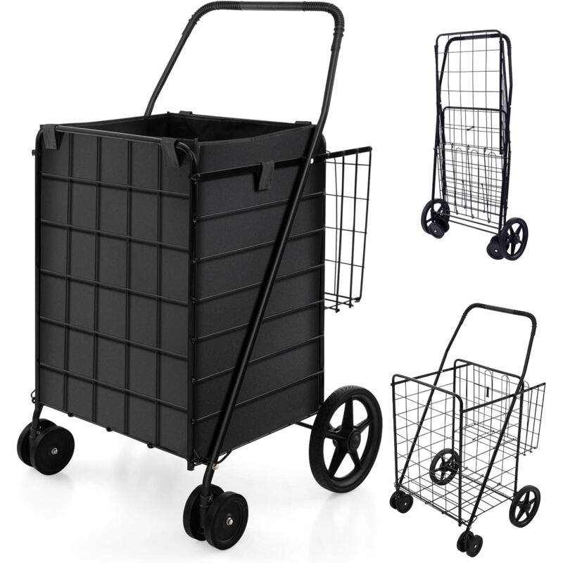 Klappbarer Einkaufswagen, Mehrzweckwagen bis zu 40 kg belastbar, Einkaufstrolley mit Rollen & 2 Körben, Ideal für Wäsche, Bücher, Gepäck (mit