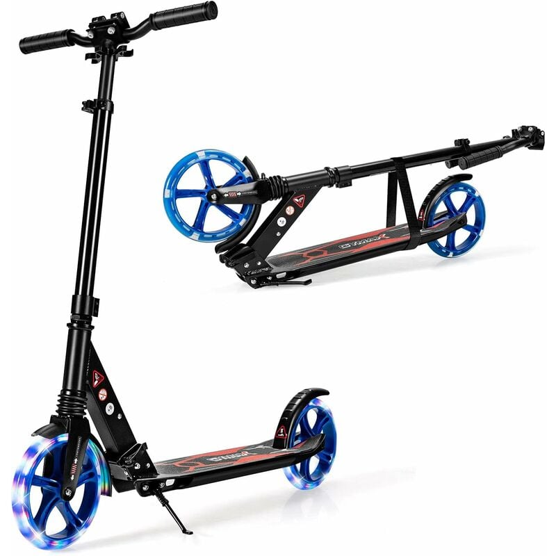GOPLUS Klappbarer Roller, Scooter mit Stossdaempfersystem, Tretroller hoehenverstellbar, 200 mm Grosse Raeder mit LED, Umhaengegurt, Robust, bis 100