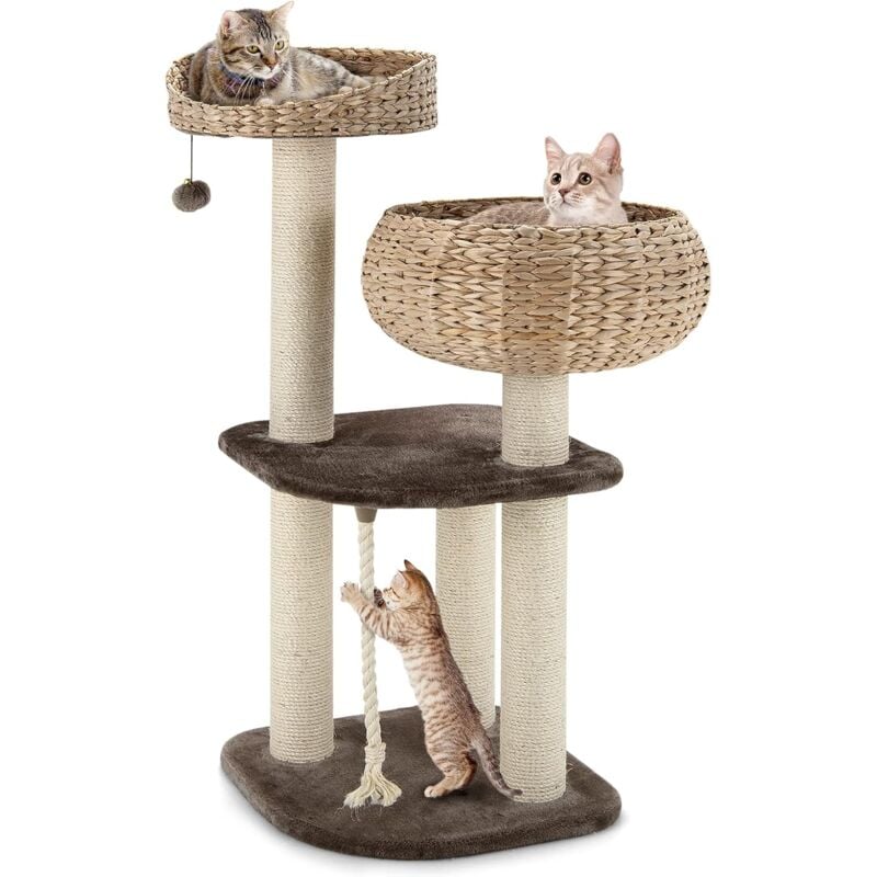 Goplus - Kratzbaum, Katzenbaum mit Sisal-Saeulen, Haengender Ball und eine Schlinge, geraeumige Aussichtsplattform, Katzennest aus Stroh, Stabile