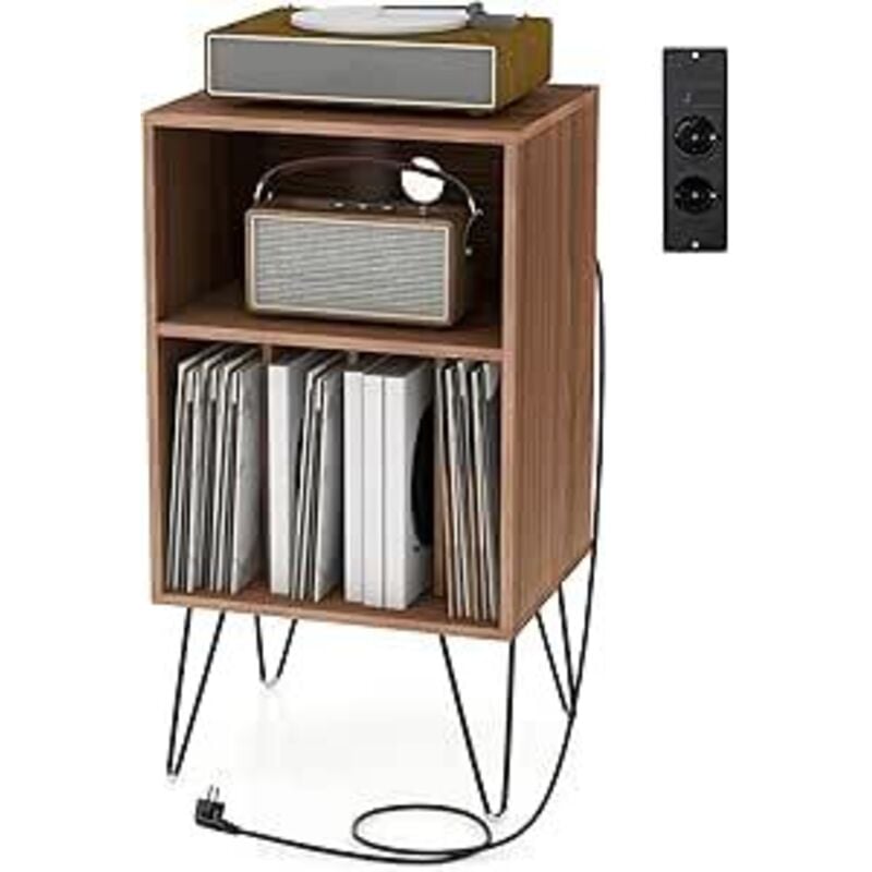 Goplus - Plattenspieler-Ständer, Schallplattenhalter mit Ladestation & Stauraum, Plattenspieler Regal mit Metallbeinen & Ablagefläche, Beistelltisch