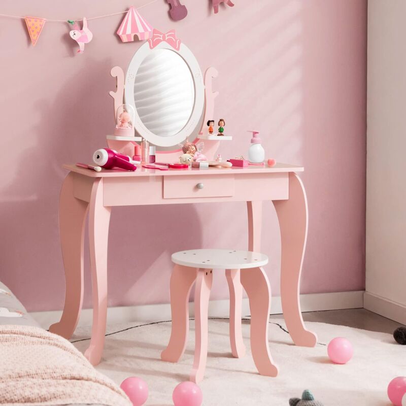 GOPLUS Schminktisch Set, Schminktisch und Hocker Set mit Spiegel Schublade, Schmetterlings Kosmetiktisch in rosa für Kinderzimmer Schlafzimmer, für