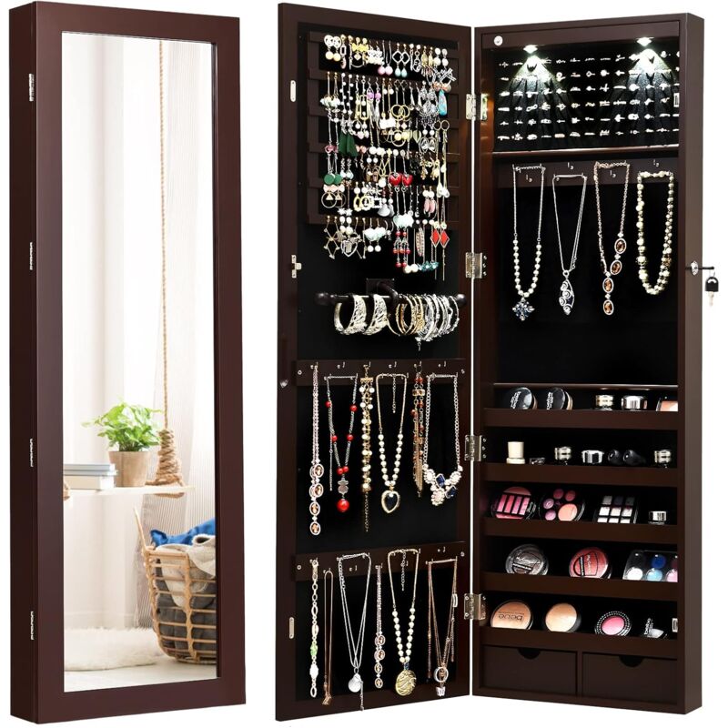 Goplus - Schmuckschrank mit Ganzkoerperspiegel, Schmuckregal mit viel Stauraum, Spiegelschrank für Ketten, Ohrringe und Schminke, verstellbarer