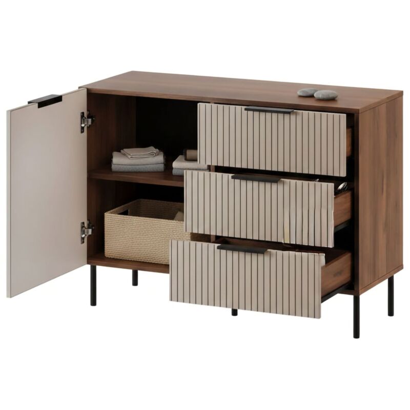 Grado Sideboard, Wohnzimmer-Sideboard mit einer Flügeltür und drei Schubladen, vom Boden abgehoben, 104 x 42 x 75 cm, Walnuss und Beige