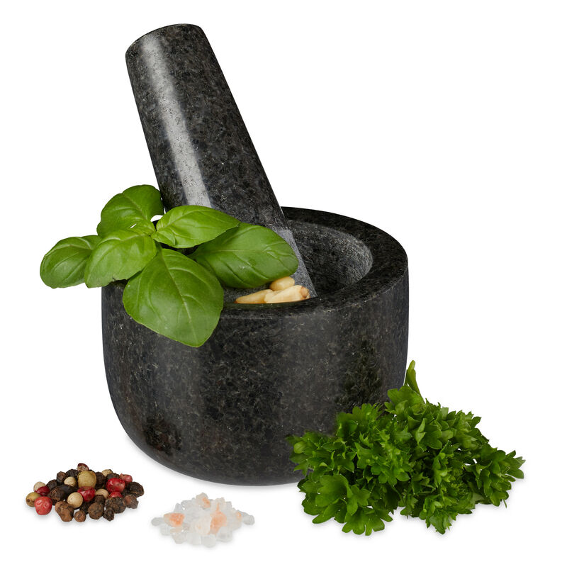 Relaxdays - Granit Mörser mit Stößel, robust & langlebig, Gewürze, Kräuter, polierter Steinmörser, ø 8,5 cm, v 100ml, grau